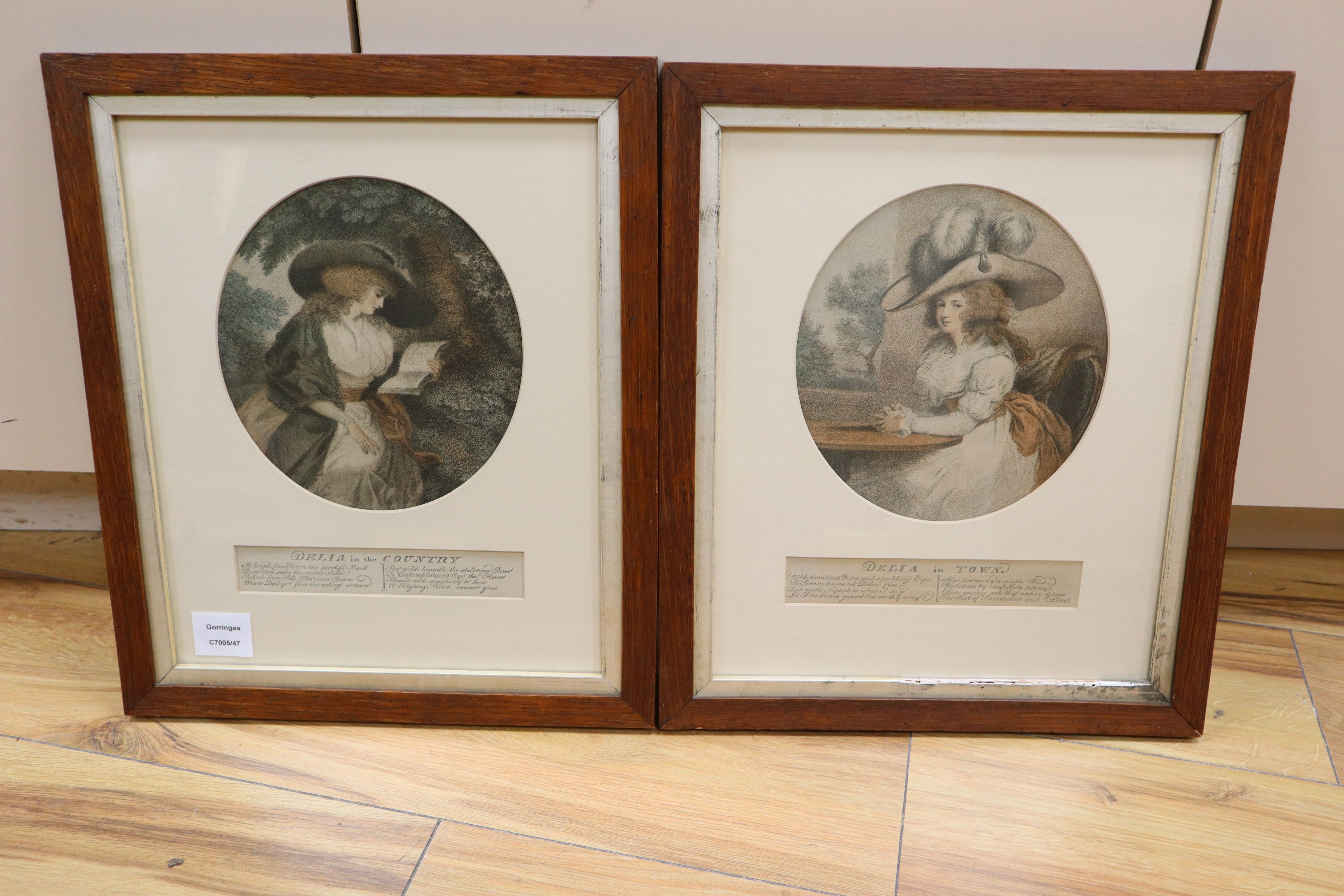 J. R. Smith after George Morland, a pair of late 18th century coloured mezzotints of ladies, Delia in the Country and Delia in the T